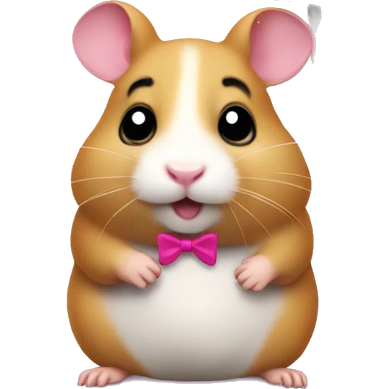 A hamster with a pink bow on its right ear with a sign, signaling that it does not understand emoji
