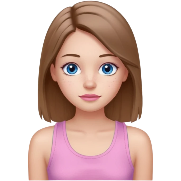 Create a TEENAGE girl with LONG and straight light brunette hair with a MIDDLE PART, light skin, light freckles, and blue-gray eyes. She will have pink lips and LONG eyelashes. She will be wearing a light pink tank top emoji