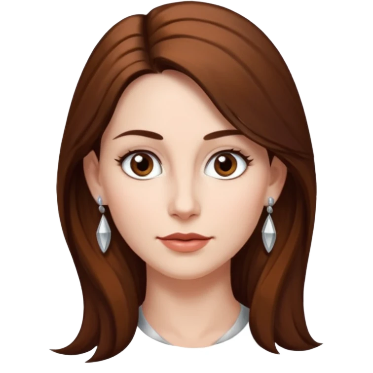 Head without neck of a 35-year-old woman, white skin, long brown hair combed to the right side and small silver earrings, small lips and pointed nose, brown eyes. emoji