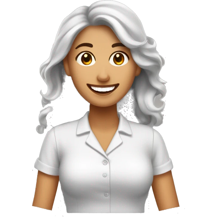 mujer trabajadora sonriente con piel morena clara ojos cafe y cabello ondulado cafe emoji