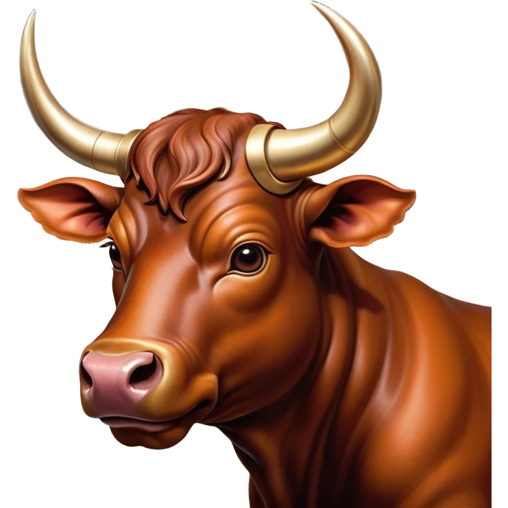 Cinematic Cute Domestic Bull Portrait Emoji, Head tilted playfully and inquisitively, with a sturdy, compact build and a smooth, polished coat of rich copper and brown hues accentuated by gently curved horns, round, sparkling eyes full of curious determination, Simplified yet irresistibly adorable features, highly detailed, glowing with a warm, friendly glow, high shine, affectionate and spirited, stylized with a touch of rustic charm, soft glowing outline, capturing the essence of a mischievous yet loving domestic bull that feels like it could trot out of the screen and into your arms! emoji