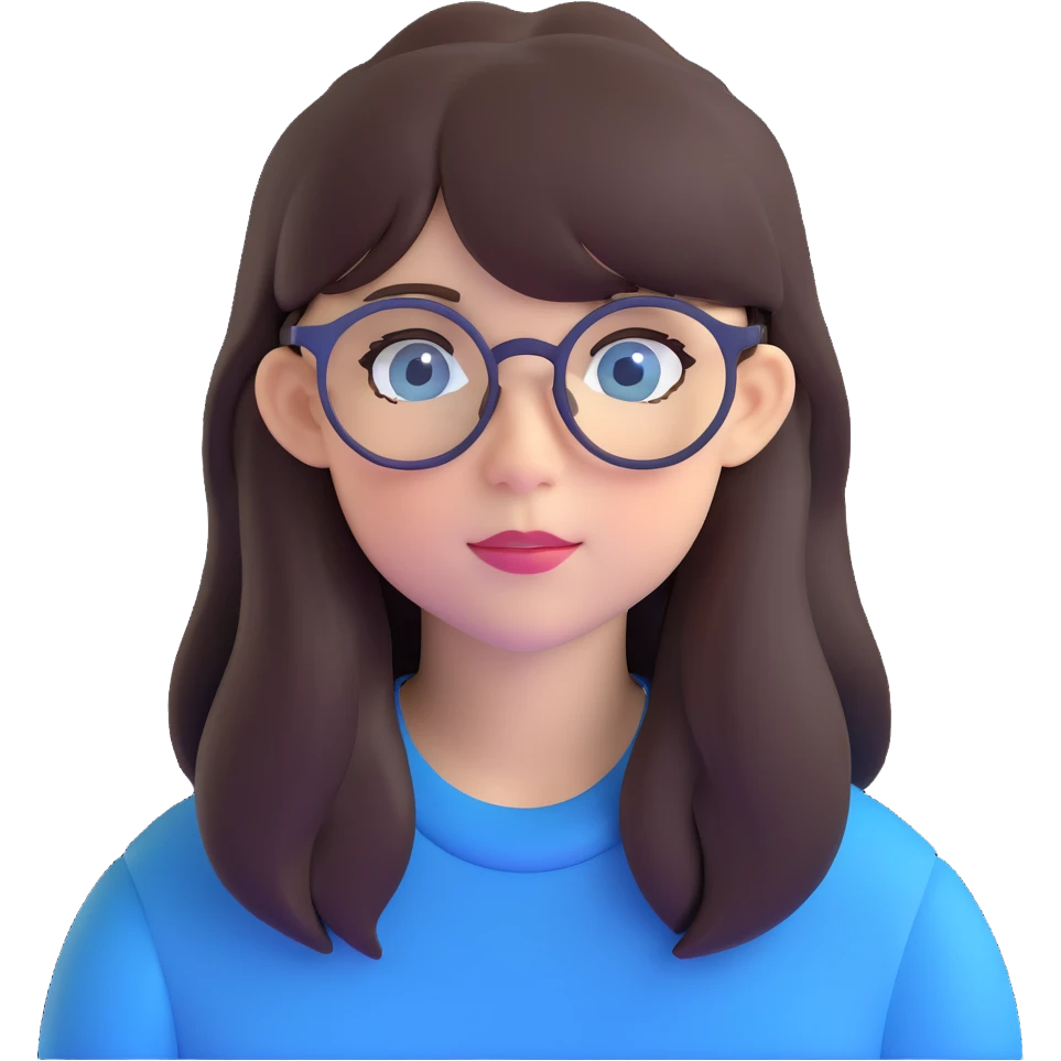 teenage girl with long dark brown hair, bangs, blue eyes, round glasses with thin black frames emoji