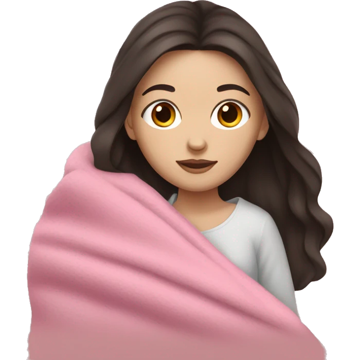 white girl with dark hair cuddling in pink blanket emoji