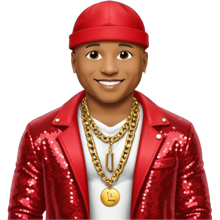 LL Cool J with red sequin jacket, shirtless with necklace emoji