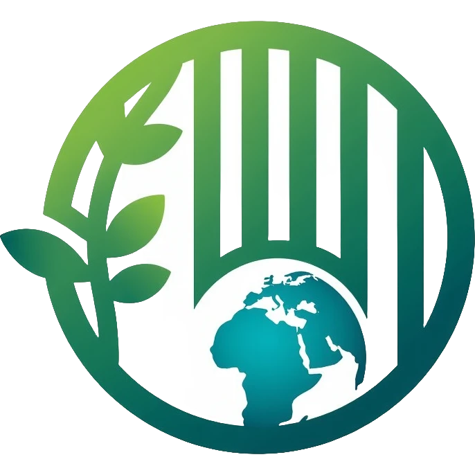 Minimalist circular logo with a barcode transitioning into a globe, representing ethical consumerism and sustainable supply chain. Green and blue gradient colors, modern and professional design. emoji
