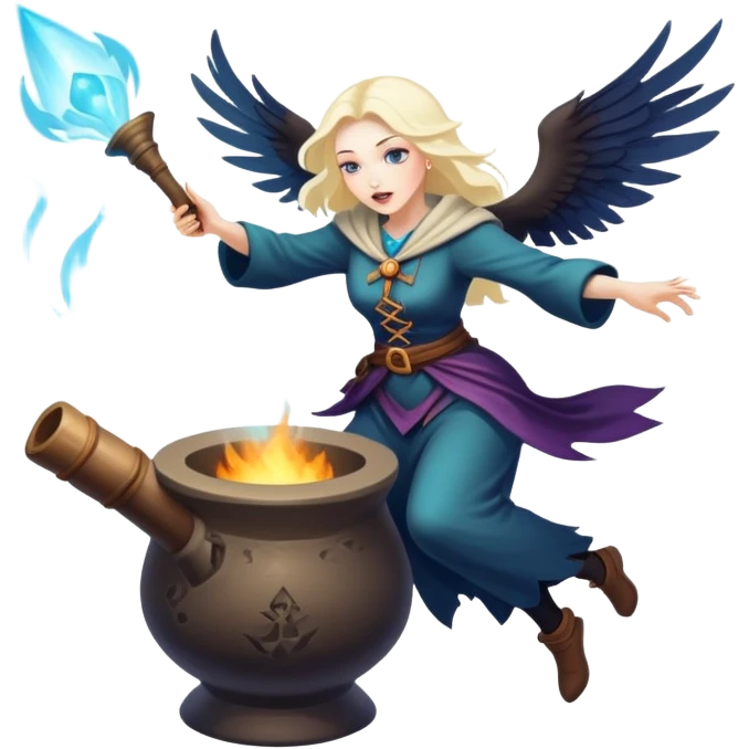 Baba Yaga sorceress woman flying in a mortar, magical aura emoji