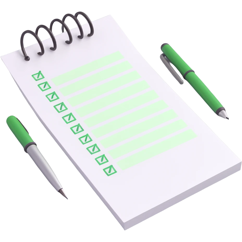3D style to-do list, every item has a green check mark, pen placed next to the list, bright lighting, minimal background emoji