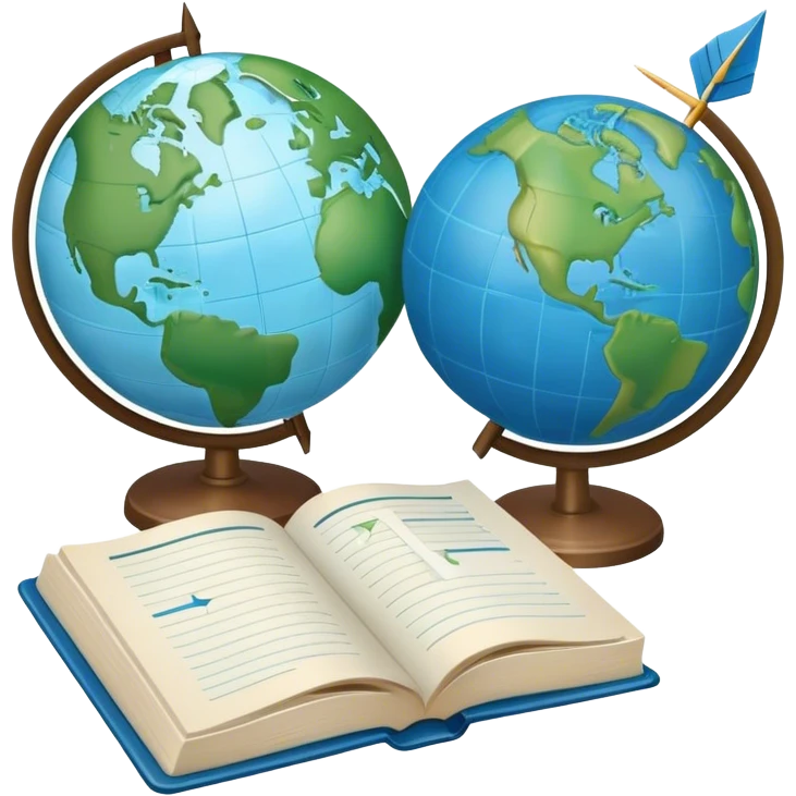 Create an emoji representing language translation. The design should feature a globe in the background, symbolizing international communication. In front of the globe, place two books or sheets of paper with texs on them and a pen nearby to indicate the act of writing. Add two arrows pointing in opposite directions between the sheets to represent the translation process. Use a clean and professional color palette with blues, greens, and neutral tones. Make the background transparent. emoji