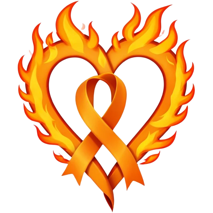 Orange cancer ribbon with fire flames on top going above it making a heart shaped in fire flames  emoji