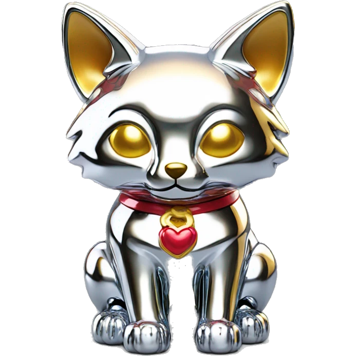 fully chrome fox statue in the form of maneki neko emoji