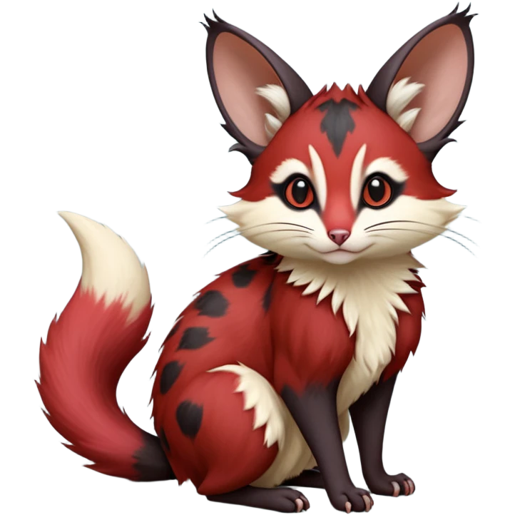 Blood-Red, black-pointed, soft natural realistic romantic vintage antique divine beautiful elegant pretty precious cute young youthful  Fakémon-Pokémon-opossum-feline-mouse-serval-caracal-chinchilla-Minccino-Cinccino-Meowstic-rodent-hybrid-creature with a big fluffy bushy tail (full body) emoji
