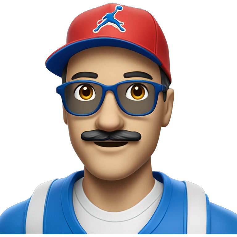 Homme européen yeux bleus avec une moustache portant des lunettes bleues , une casquette jordan bleu , un survêtement bleu emoji