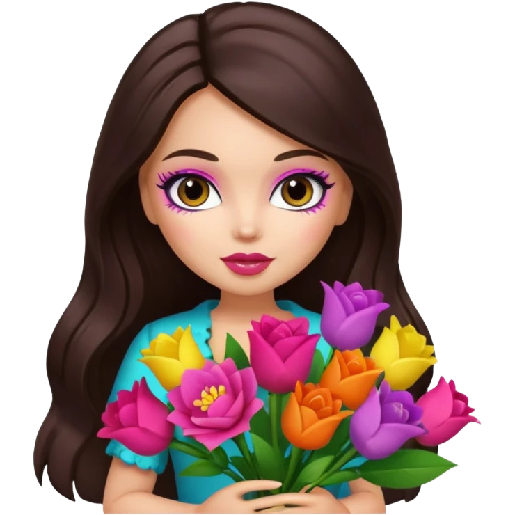  pretty bratz doll with makeup , long dark brown hair holding big bouquet of flowers  emoji