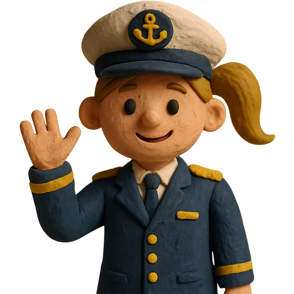 girl with dirty blonde ponytail, cruise captain uniform, waving at the camera emoji