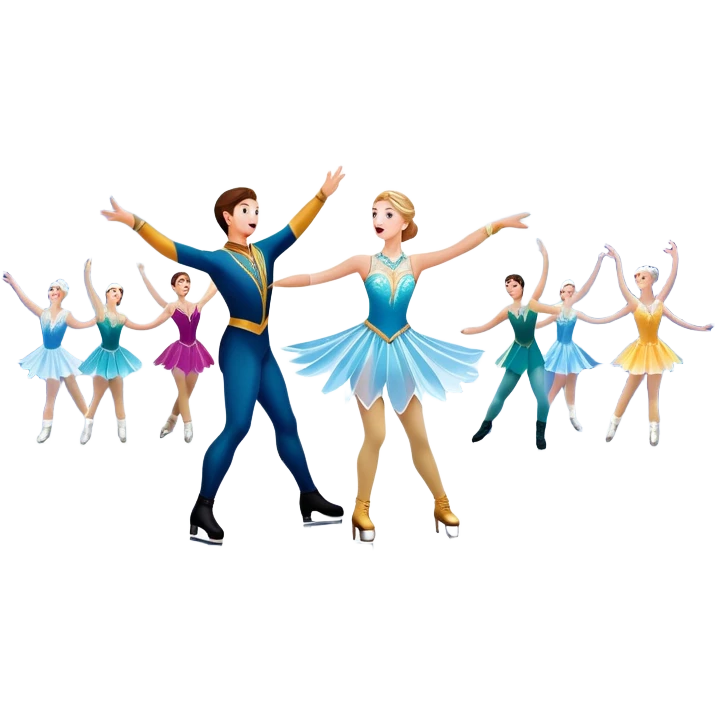 An icon of a theatrical ice show with close-up costumed figure skaters performing a dramatic scene on a glowing ice stage. Spotlights, colorful scenery, and a cheering audience in a grand arena convey the magic and artistry of the ice performance. Transparent background included. emoji