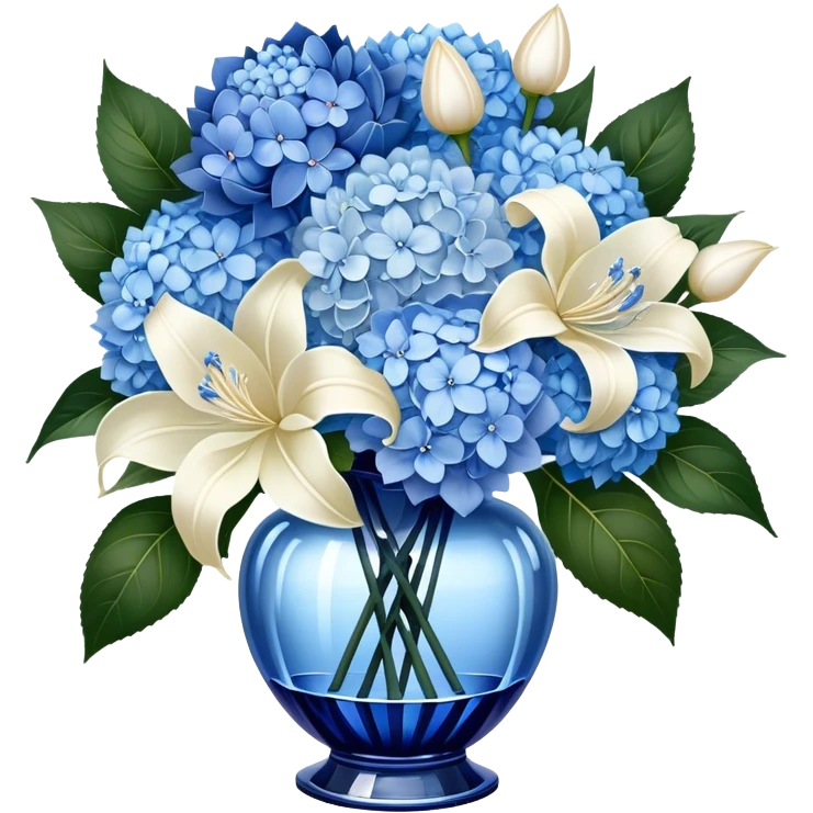 An exquisite floral arrangement of deep blue hydrangeas, pastel blue peonies, and ivory lilies, bound with a flowing pearl satin ribbon and placed in a crystal vase emoji