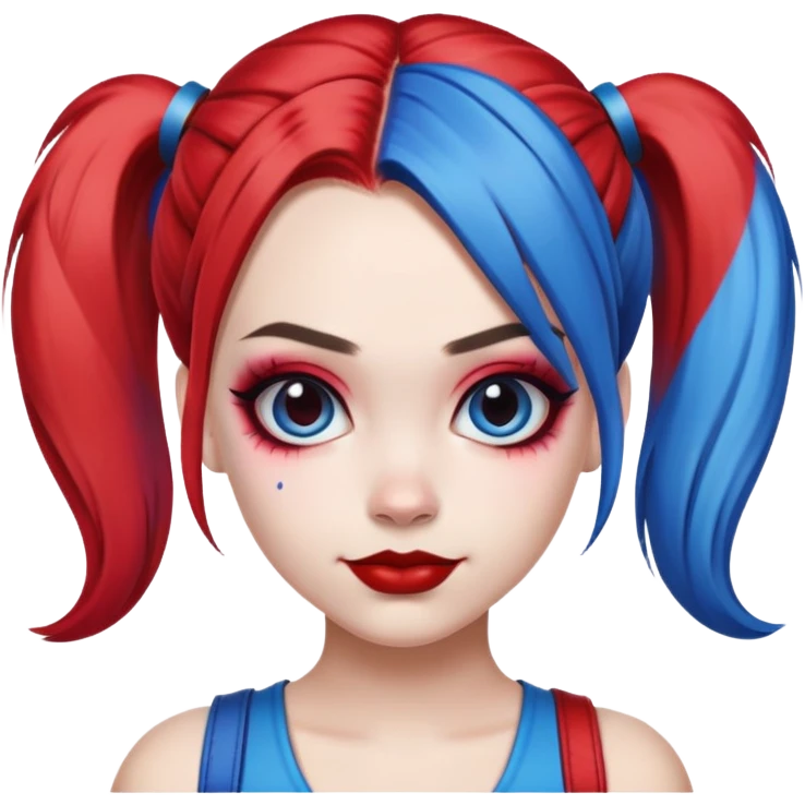 hair styled like Harley Quinn with red and blue pigtails emoji