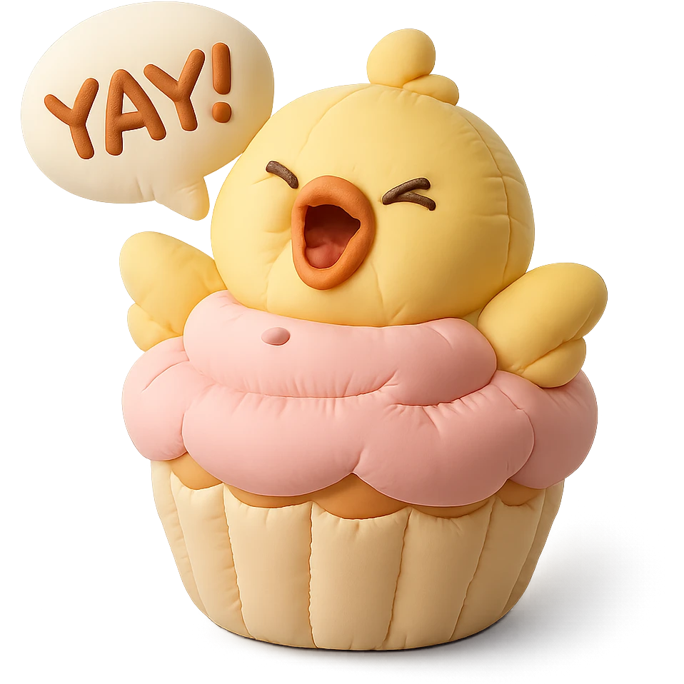 chick in cupcake costume shouting “Yay!”, cushion style emoji