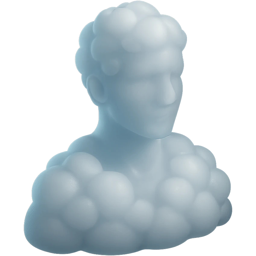 person looking straight, made entirely of white fluffy convex clouds, shoulder up, matte glass style, clouds with light blue glow emoji