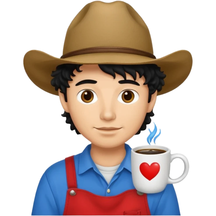 Ranch hand with blue hat and coffee mug, curly black hair, red shirt emoji