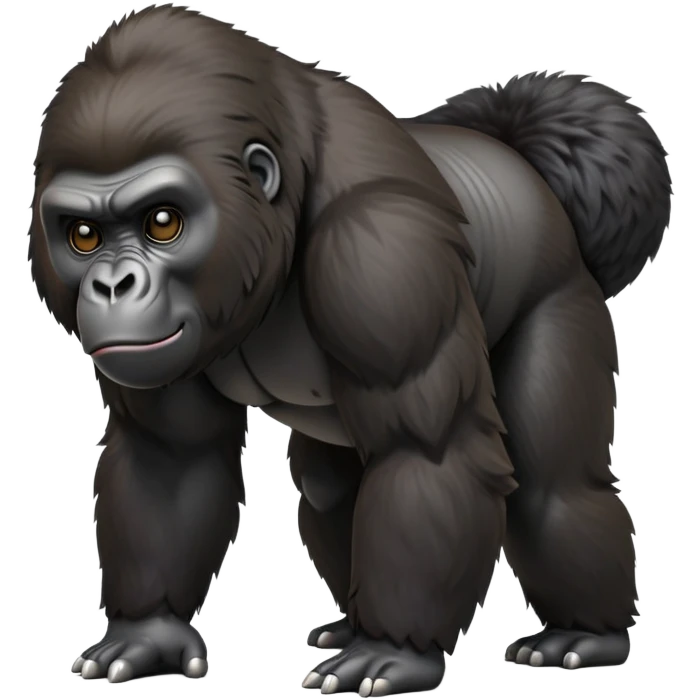 cinematic-gorilla-realistic-full-body-on-all-fours-emoji,-exuding-strength,-thick-dark-fur-in-the-light,-head-tilted-dramatically,-deep-dark-eyes-filled-with-intense-intelligence,-simplified-yet-realistic-focused-features,-highly-detailed, zoomed out friendly  emoji