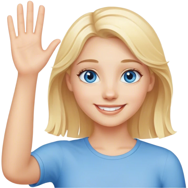 Fille blonde aux yeux bleus souriante qui fait un signe de la main  emoji