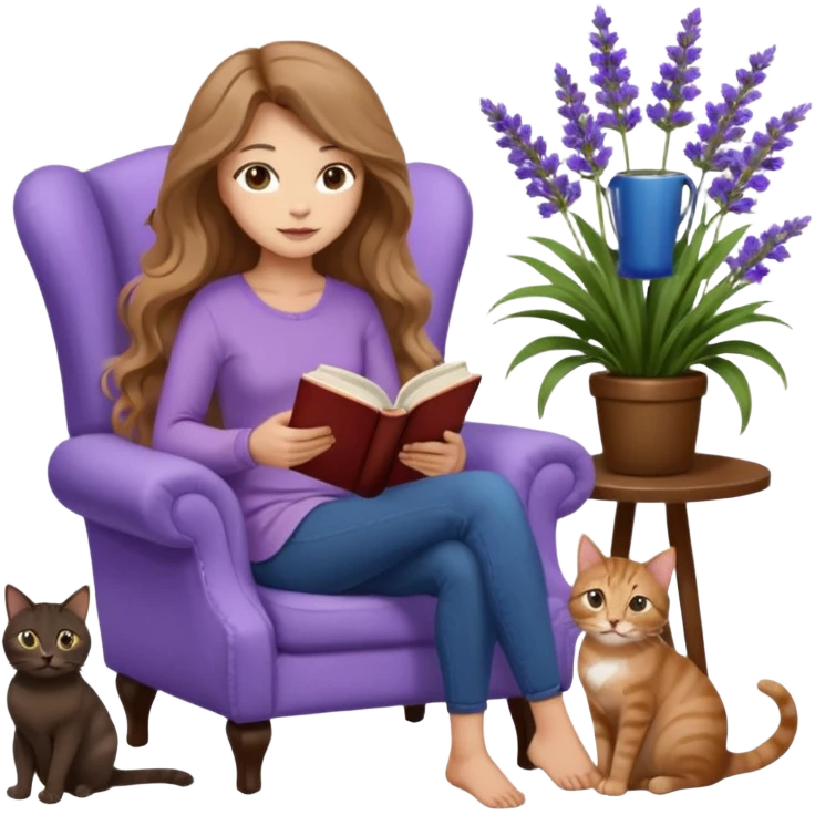 a woman with long light brown wavy hair and light brown eyes reading a book, sitting on a comfortable reading chair, two cats (one black cat and one brown tabby cat) beside her, small table with a cup of coffee, garden setting with lavender flowers around her emoji