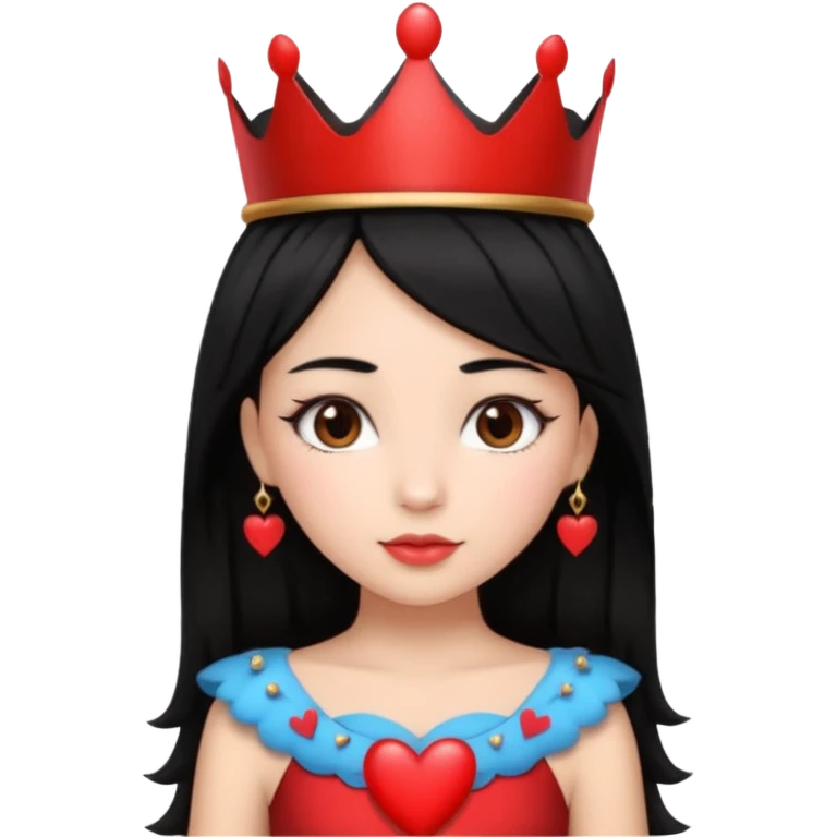 A girl wearing a crown with hearts on the crown and her hair is black with brown eyes and a black and red heart dress emoji