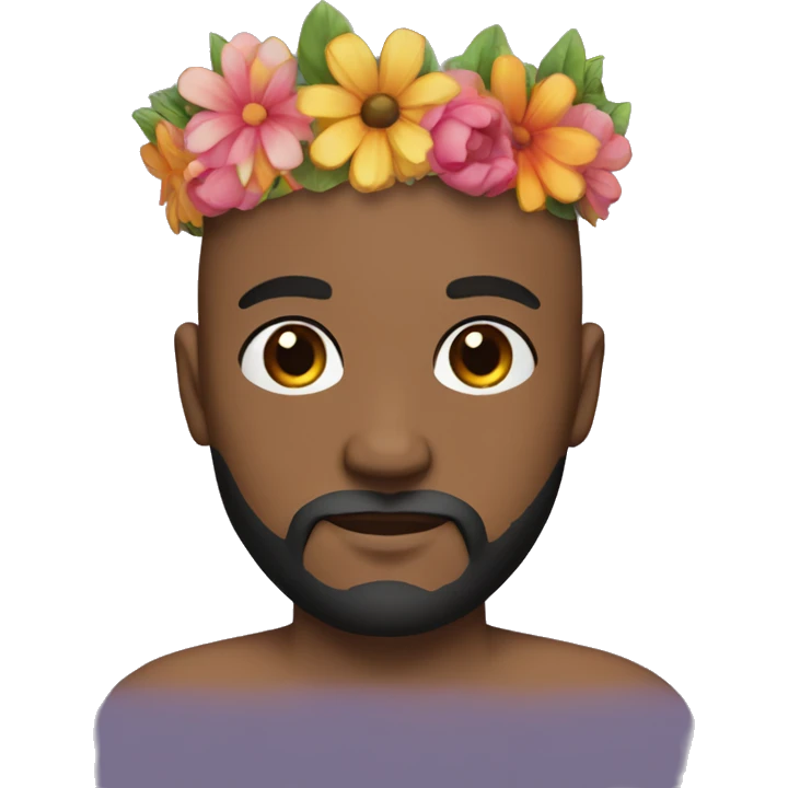 bald man with black beard and brown eyes and default skin with a colorful flowercrown on his head emoji