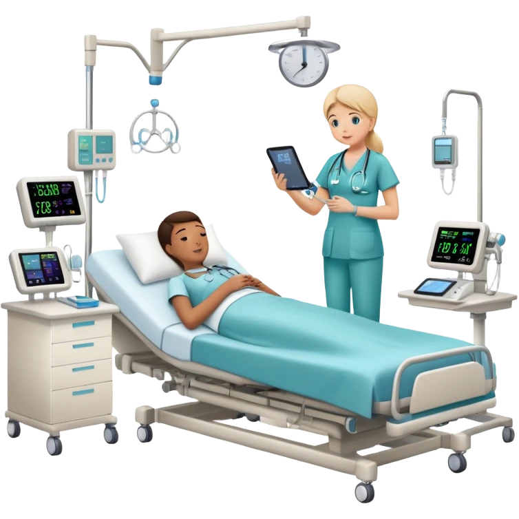 Hospital sleep laboratory room with patient in hospital bed connected to sleep monitoring equipment, nurse checking vitals, medical charts, and hospital IV stand emoji