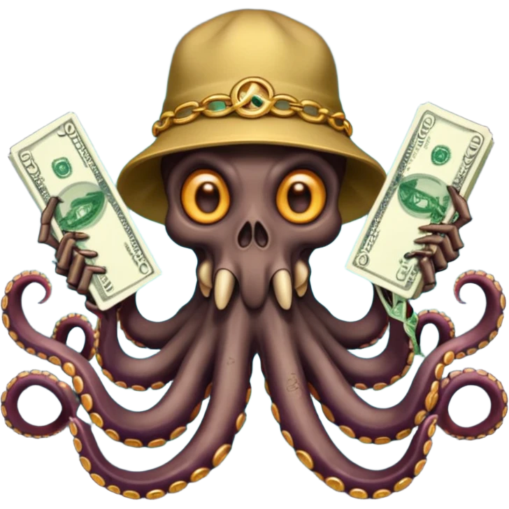satanic octopus skeleton. Evil looking eyes, wearing a gold necklace and backwards hat. 2 tentacles are holding their own cellphones, 2 other tentacles are holding stacks of cash emoji