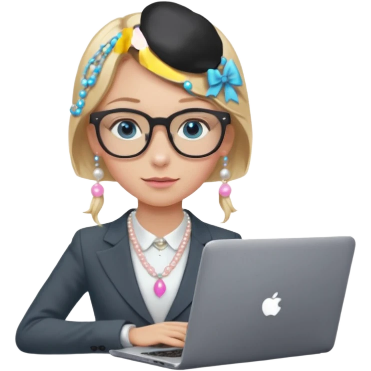 Please take the girl with laptop emoji and make her glassess light brown, her eyes ocean blue and her nose a bit smaller and pointier and she has blonde very long hair and a dark grey suit and pearls necklace, and has a laptop in fron of her and a tiny pink bow on the left side of her head emoji