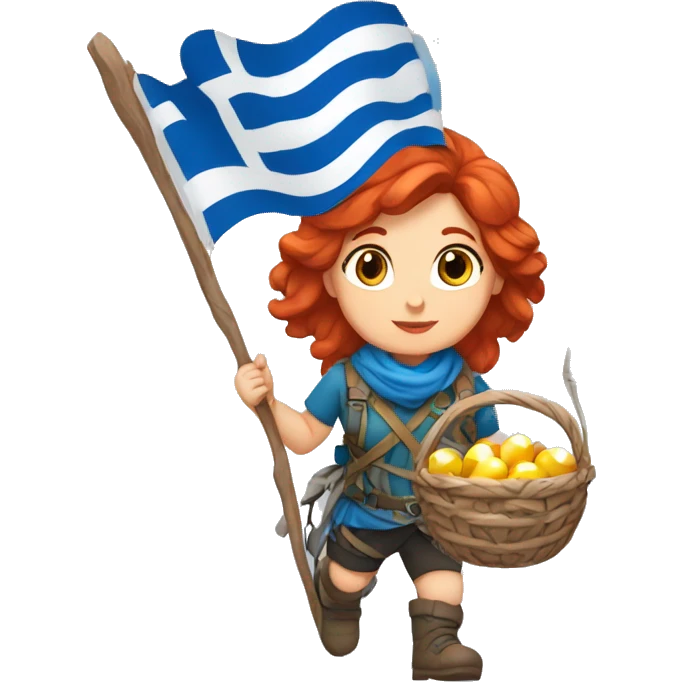 Greek Female winter mountaineer red hair white skin climbing with Greek Flag and Easter eggs basket emoji