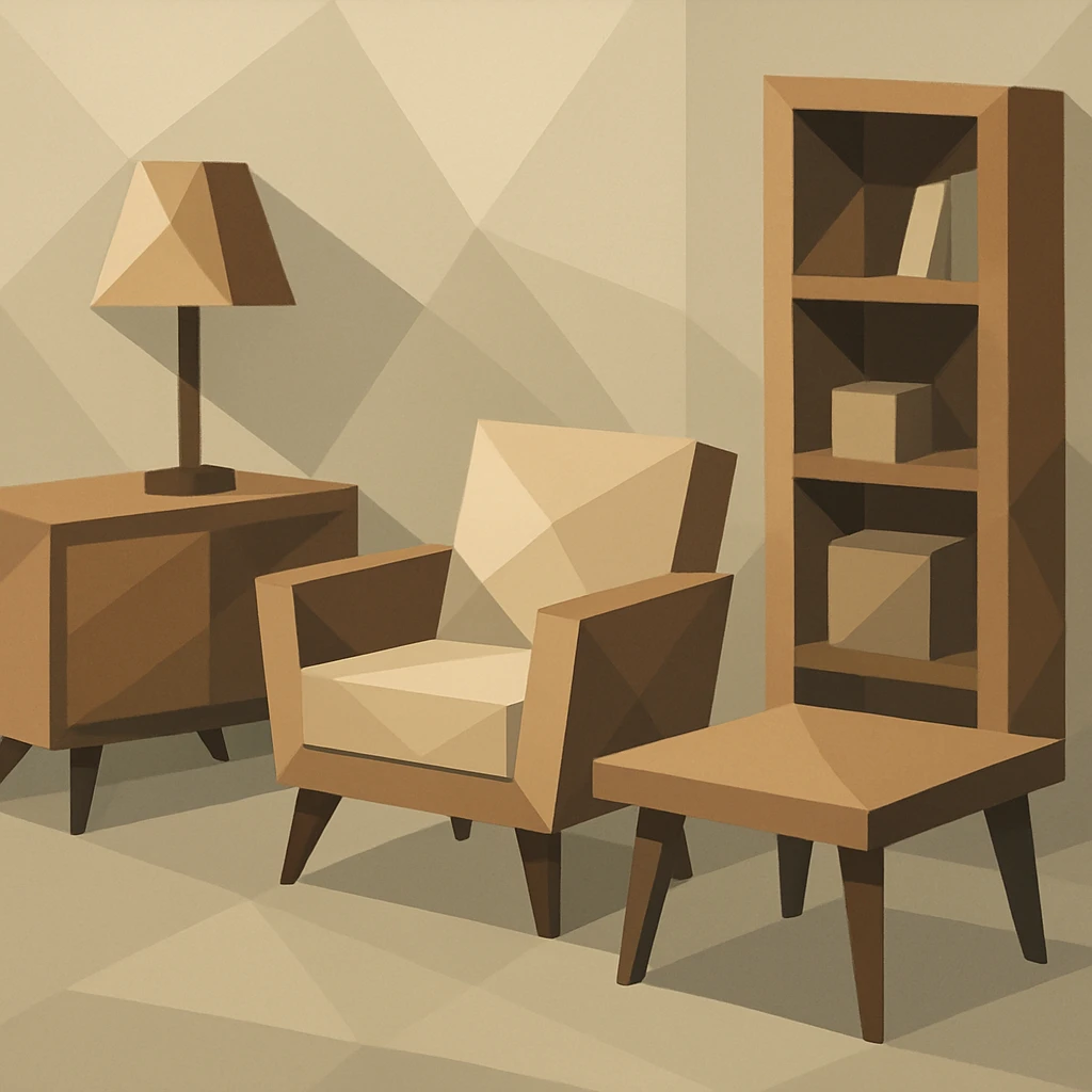 polygonal low-poly style planned furniture, geometric shapes, minimal color palette emoji