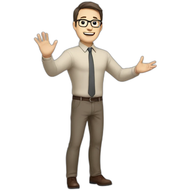 To belt Actively gesturing with hands Pale skinned fit man teacher with dark brown hair in gray jacket, beige office shirt, brown tie, brown pants and vintage glasses. emoji