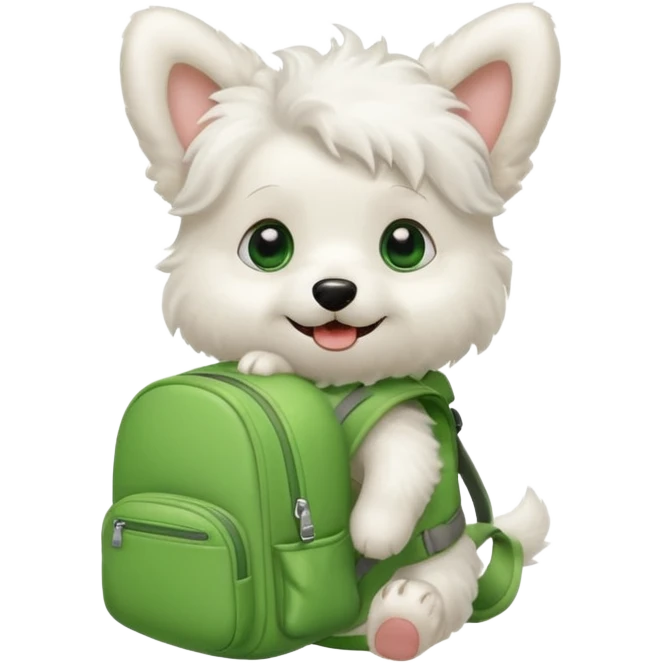 baby white dog wear green backpack emoji