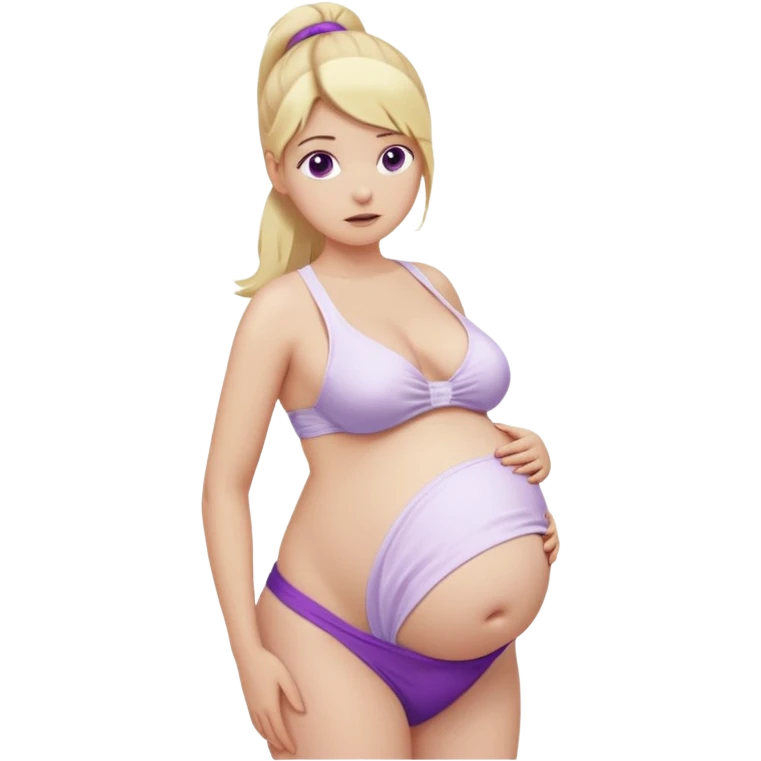 White girl, long blonde ponytail, purple eyes, huge pregnant belly, full body, white bikini, nervous expression, front view. emoji