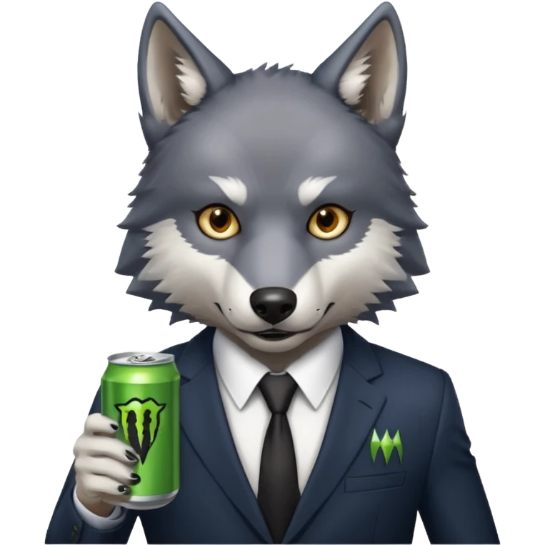 wolf in business suit, holding one monster energy can, with brown eyes  emoji