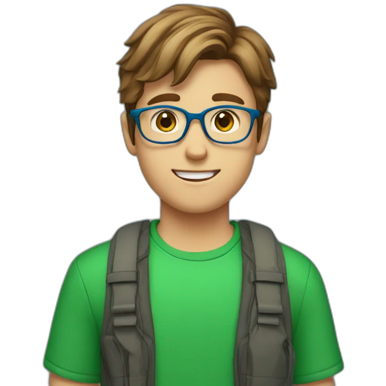 A boy with brown hairs with green eyes with blue eyeglasses with a red shirt emoji