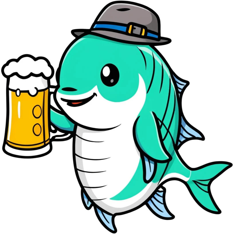 fish holding a beer and wearing a hat emoji