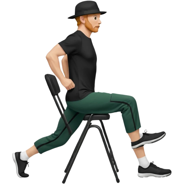 גבר זקן ג'ינג'י מלא כובע שחור הפוך חולמה שחורה ומכנסיים ירוקות ארוכות מבצע תרגיל לאנג' בתמיכת כיסא מהצד שתי רגליים על הרצפה מח^זיק כיסא בידו  תמיכה קלה ידו על משענת הכיסא emoji