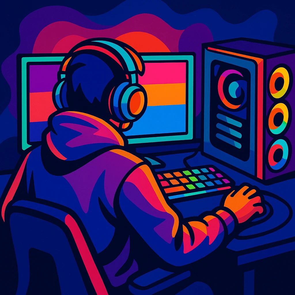 gamer with hoodie seen from behind, sitting at a gaming PC, colorful RGB lights, stylized illustration, vibrant colors emoji