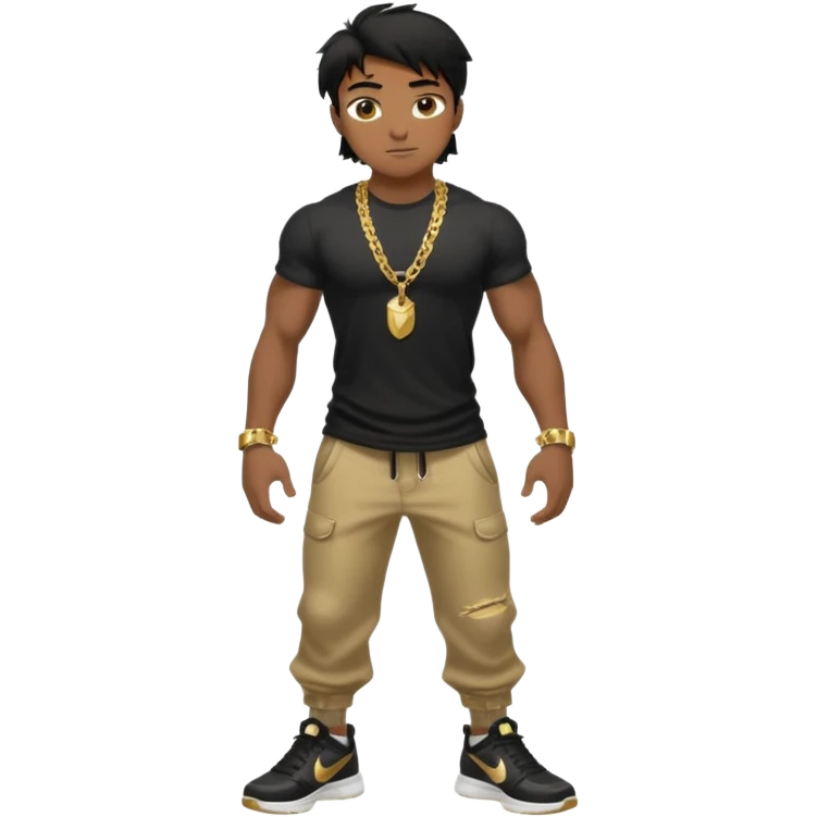 full body view of muscular teen boy with veiny hands arms and biceps. has messy black hair with dark-tan skintone with black tshirt. has gold chain and nike shoes with baggy pants emoji