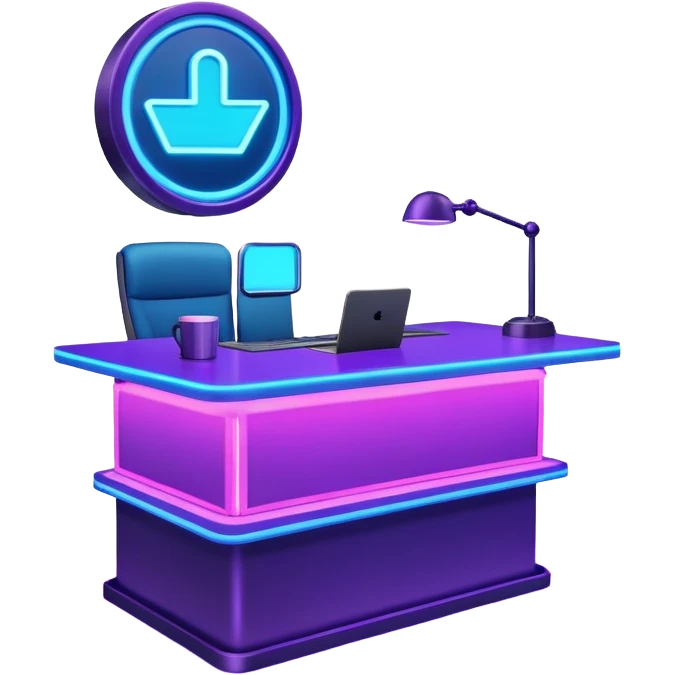 news anchor desk with neon glow effect, blue neon glow on top left, purple neon glow on bottom right emoji