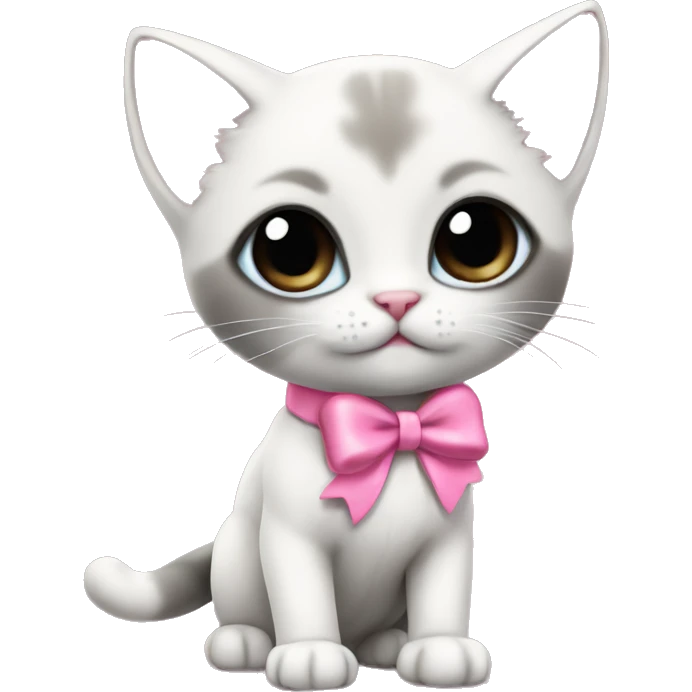 extremely cute kawaii white and gray siamese kitten with pink bow full body emoji
