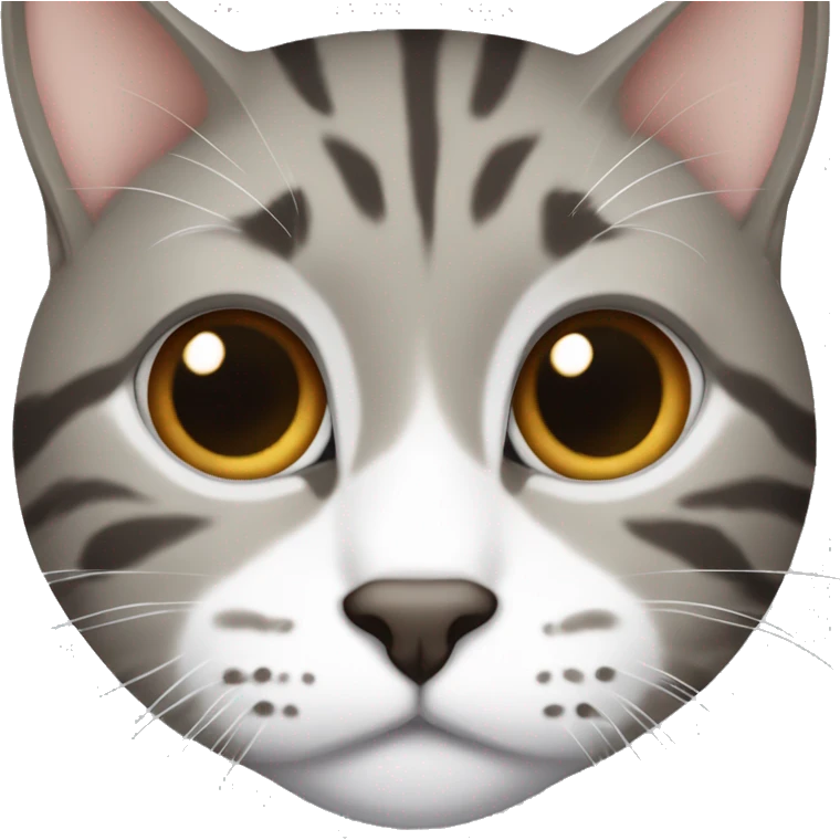 Gray, brown, and white medium hair tabby cat with half of the nose white emoji