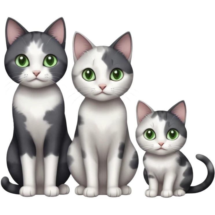 3 different coloured small cats including a dark grey and white, and a patchy calico and a completely solid dark grey with green eyes and only white paws emoji