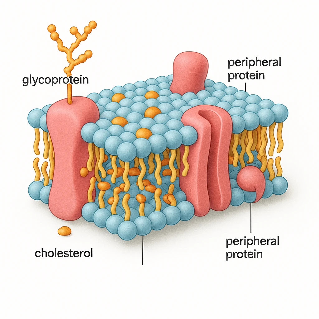 A highly detailed, scientifically accurate cross-section of a biological cell membrane (lipid bilayer) on a white background, ultra-realistic 3D illustration. Show the phospholipid bilayer with hydrophilic heads (round, polar) facing outward and hydrophobic tails (chains) inside. Include embedded proteins (integral and peripheral), cholesterol molecules (small, rigid), glycoproteins with sugar chains, and ion channels. The style should be clean, lab-textbook style, with subtle shadows and depth. Use a color scheme: light blue for hydrophilic heads, yellow for hydrophobic tails, red/pink for proteins, and orange for cholesterol. Microscope-like precision, no artistic stylization. Educational diagram of the Fluid Mosaic Model, cross-sectional view with labels for 'glycoprotein', 'cholesterol', and 'peripheral protein', vector graphic style. emoji