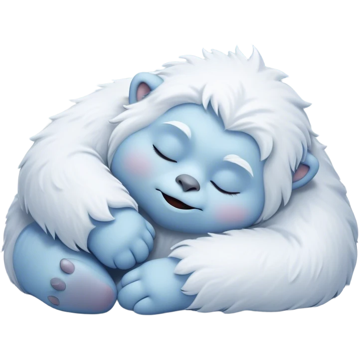 Meme-Worthy Cute Sleeping Yeti Portrait Emoji, with a charming, fluffy, snow-dusted figure in gentle whites and cool blues, head resting in blissful, serene slumber with closed, peaceful eyes and a small, contented smile, simplified yet irresistibly adorable, highly detailed with a soft frosty outline that captures the tender drowsiness of a yeti drifting into snowy dreams! emoji