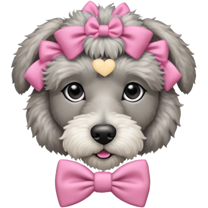A grey/white Irish-Wolfhound/Poodle mix dog posed laying down wearing a pink bow tie on its head emoji